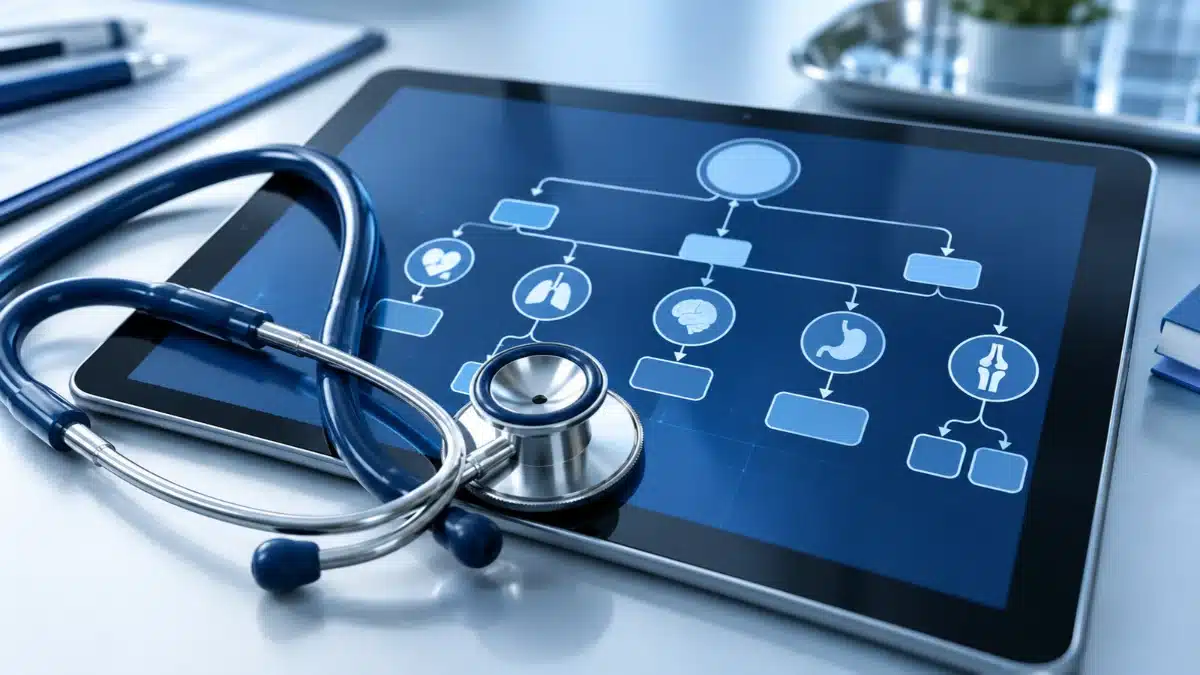 Stethoscope resting on a tablet displaying a medical decision tree with health-related icons in a modern clinical setting.