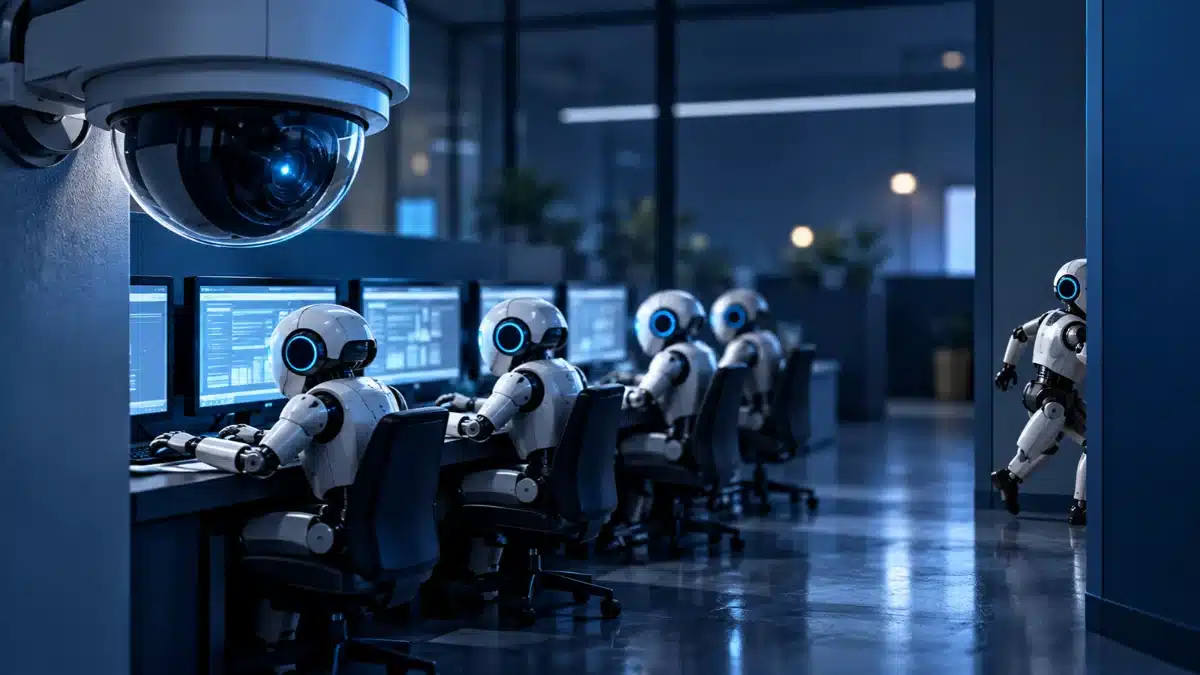 Illustration of AI agents being monitored, one avoiding the camera